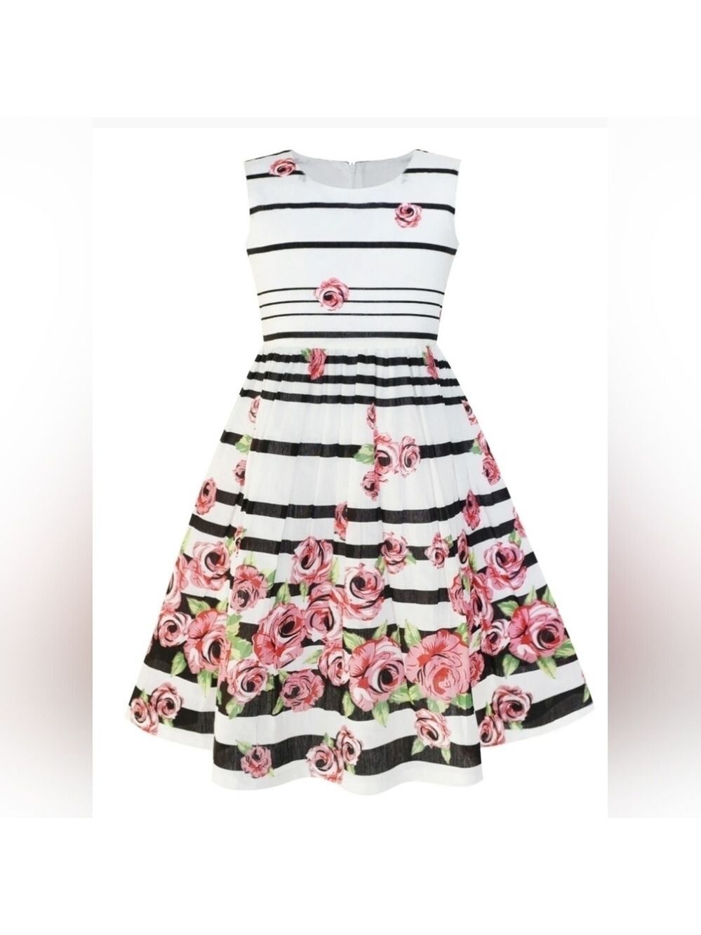 Sunny Fashion Floral Striped Girls Dress, 100% Cotton, Size 9/10, NWT